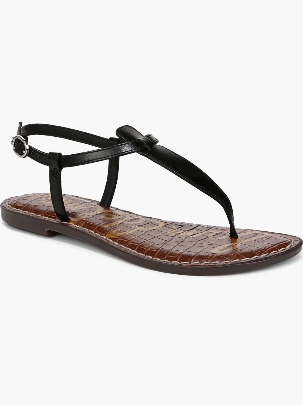 Sam Edelman Gigi Black Leather T-Strap Flat Sandals - Women's